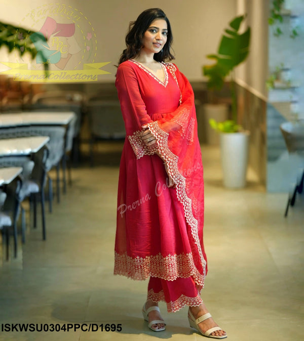 Embroidered Malmal Chanderi Anarkali Kurti With Pant And Organza Dupatta-ISKWSU0304PPC/D1695