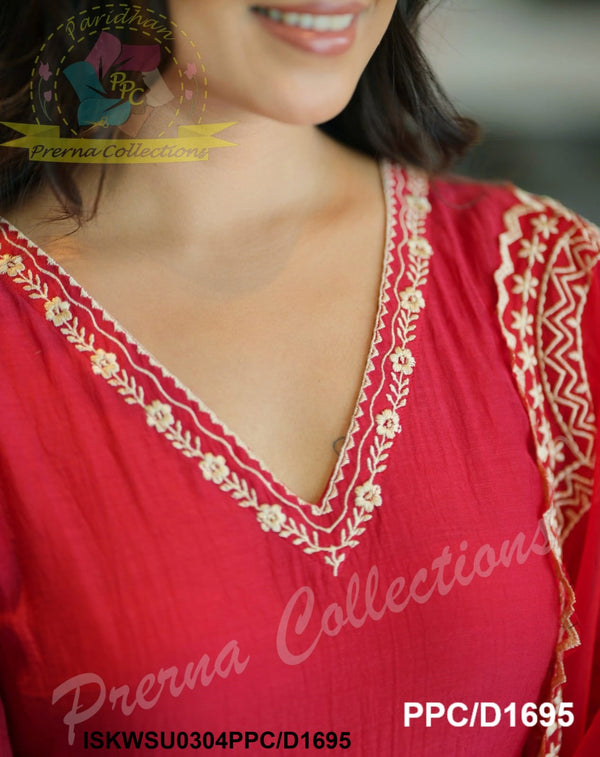 Embroidered Malmal Chanderi Anarkali Kurti With Pant And Organza Dupatta-ISKWSU0304PPC/D1695