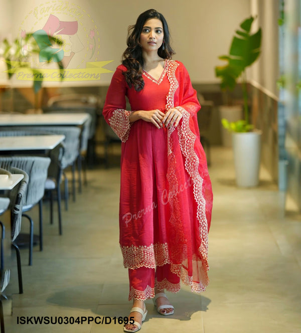 Embroidered Malmal Chanderi Anarkali Kurti With Pant And Organza Dupatta-ISKWSU0304PPC/D1695