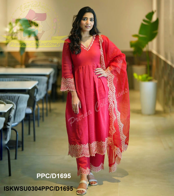 Embroidered Malmal Chanderi Anarkali Kurti With Pant And Organza Dupatta-ISKWSU0304PPC/D1695