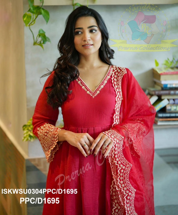 Embroidered Malmal Chanderi Anarkali Kurti With Pant And Organza Dupatta-ISKWSU0304PPC/D1695