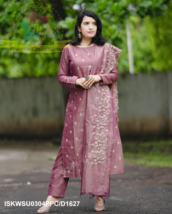 Embroidered Cotton Silk Kurti With Pant And Dupatta-ISKWSU0304PPC/D1627