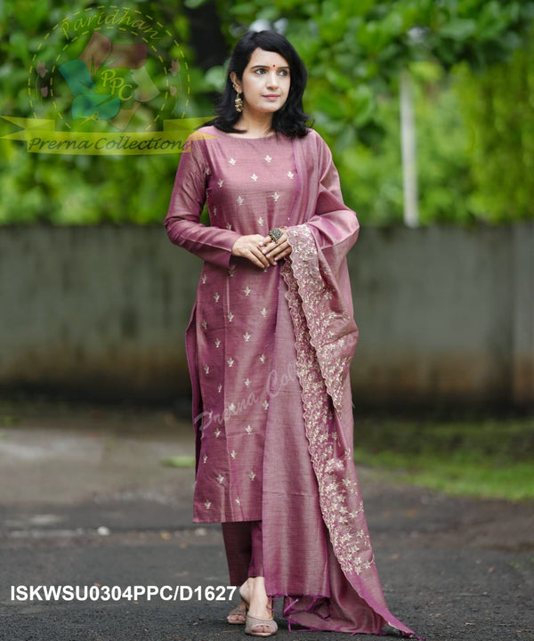 Embroidered Cotton Silk Kurti With Pant And Dupatta-ISKWSU0304PPC/D1627