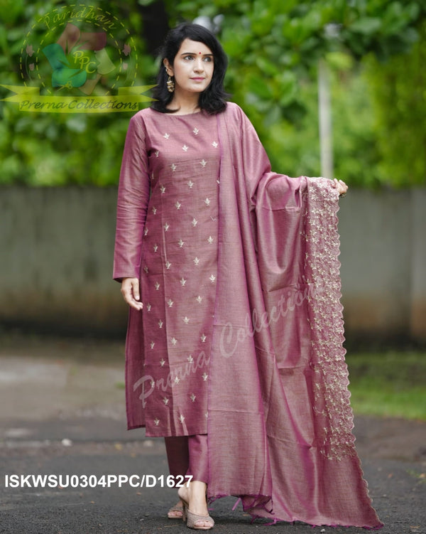 Embroidered Cotton Silk Kurti With Pant And Dupatta-ISKWSU0304PPC/D1627