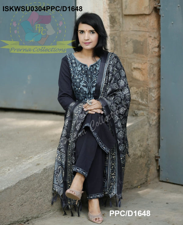 Handloom Cotton Silk Kurti With Pant And Batik Printed Khadi Silk Dupatta-ISKWSU0304PPC/D1648
