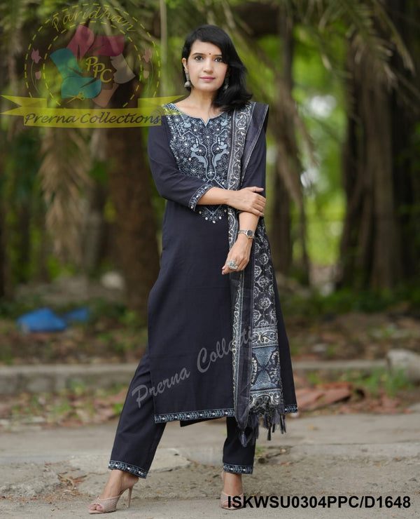 Handloom Cotton Silk Kurti With Pant And Batik Printed Khadi Silk Dupatta-ISKWSU0304PPC/D1648