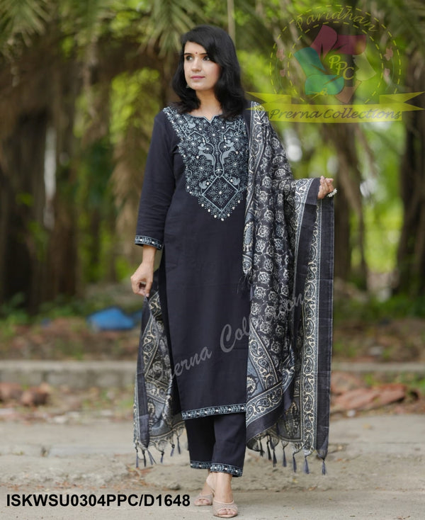 Handloom Cotton Silk Kurti With Pant And Batik Printed Khadi Silk Dupatta-ISKWSU0304PPC/D1648
