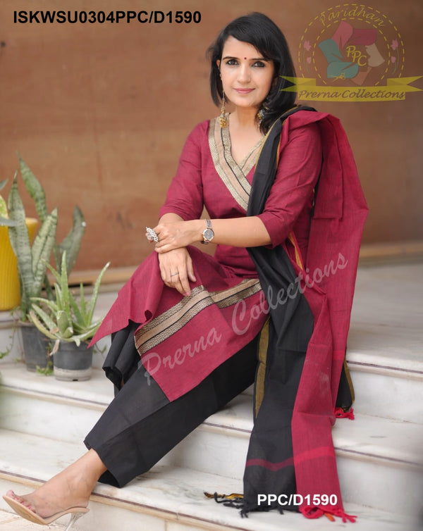 Handloom Cotton Kurti With Palazzo And Dupatta-ISKWSU0304PPC/D1590