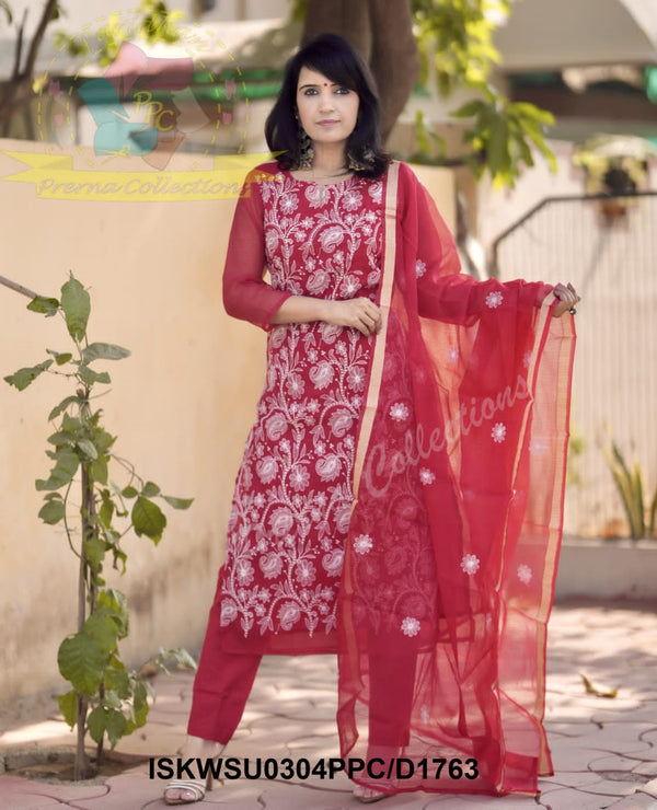 Embroidered Kota Doriya Kurti With Cotton Pant And Dupatta-ISKWSU0304PPC/D1763