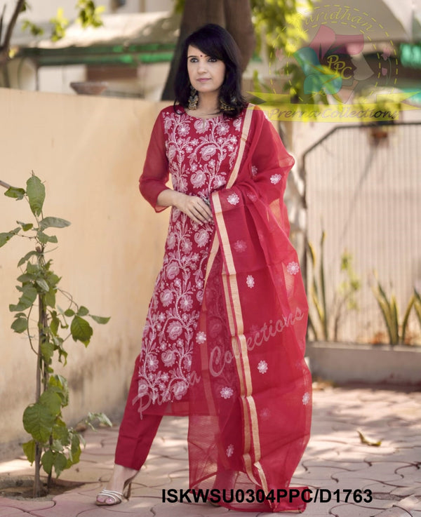 Embroidered Kota Doriya Kurti With Cotton Pant And Dupatta-ISKWSU0304PPC/D1763