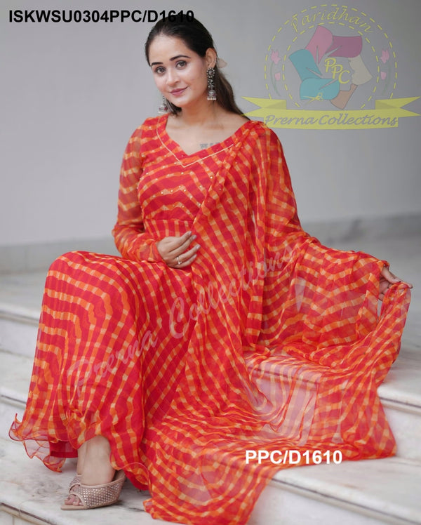 Lehariya Printed Chiffon Anarkali Kurti With Cotton Pant And Dupatta-ISKWSU0304PPC/D1610
