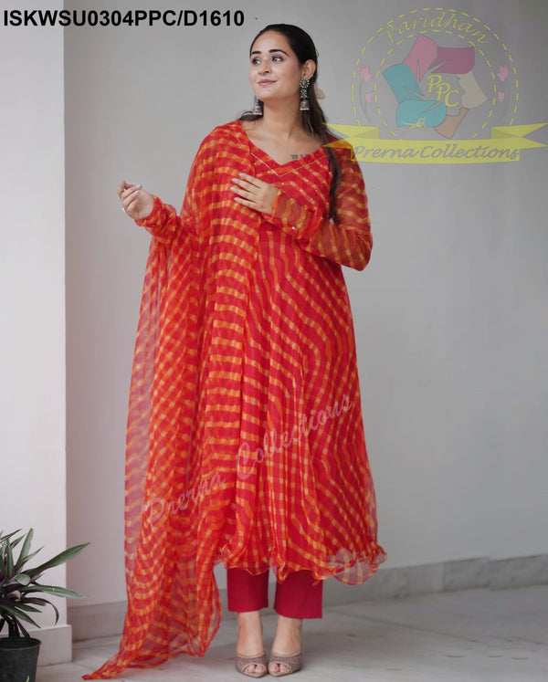Lehariya Printed Chiffon Anarkali Kurti With Cotton Pant And Dupatta-ISKWSU0304PPC/D1610