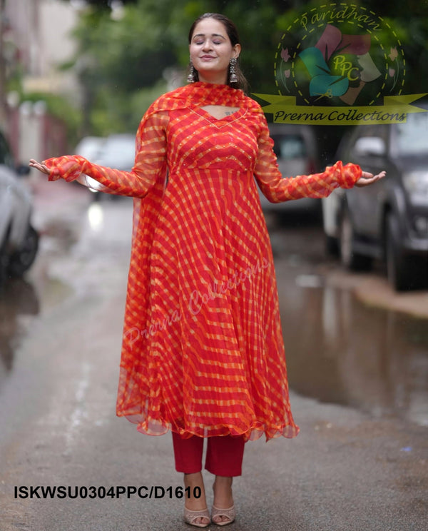 Lehariya Printed Chiffon Anarkali Kurti With Cotton Pant And Dupatta-ISKWSU0304PPC/D1610