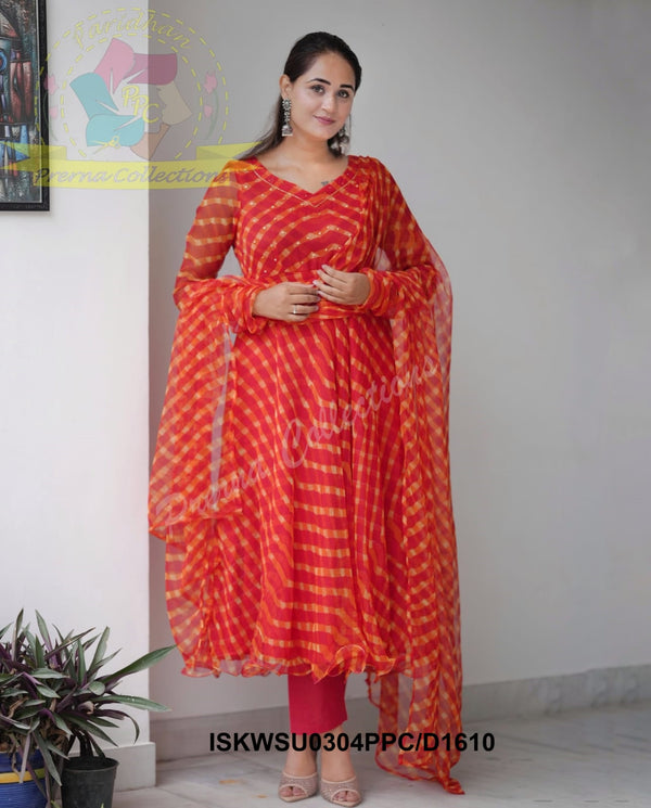 Lehariya Printed Chiffon Anarkali Kurti With Cotton Pant And Dupatta-ISKWSU0304PPC/D1610