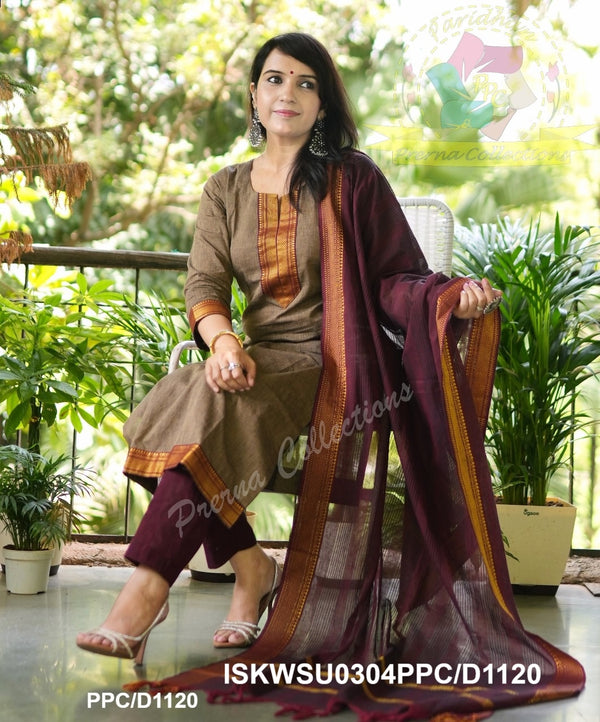 Handloom Cotton Kurti With Cotton Pant And Handloom Dupatta-ISKWSU0304PPC/D1120