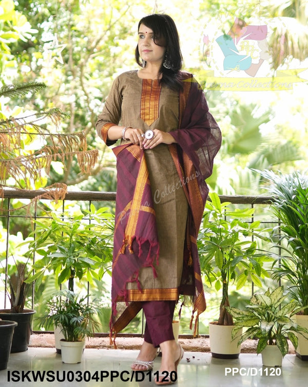 Handloom Cotton Kurti With Cotton Pant And Handloom Dupatta-ISKWSU0304PPC/D1120