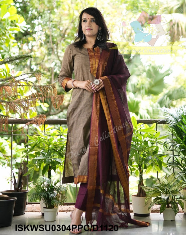 Handloom Cotton Kurti With Cotton Pant And Handloom Dupatta-ISKWSU0304PPC/D1120