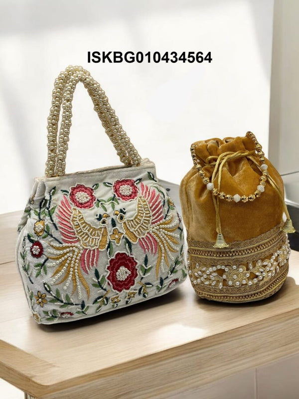Embroidered Velvet Bag And Velvet Potli -ISKBG010434564