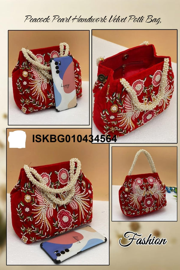 Embroidered Velvet Bag And Velvet Potli -ISKBG010434564
