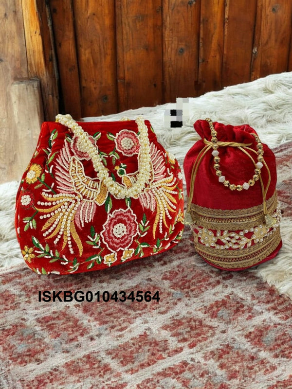 Embroidered Velvet Bag And Velvet Potli -ISKBG010434564