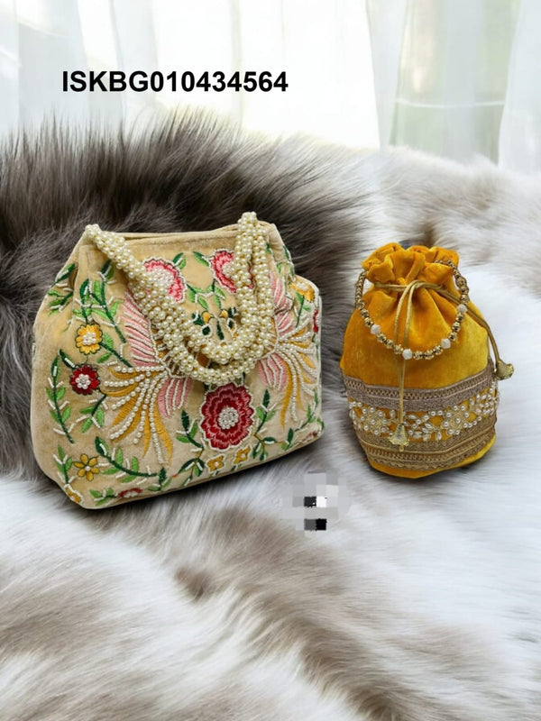Embroidered Velvet Bag And Velvet Potli -ISKBG010434564