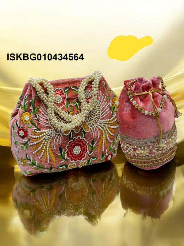 Embroidered Velvet Bag And Velvet Potli -ISKBG010434564