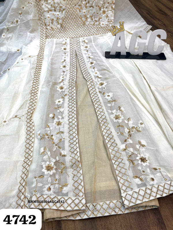 Embroidered Malmal Cotton Front Slit Kurti With Pant And Dupatta-ISKWSU0304AGC4742