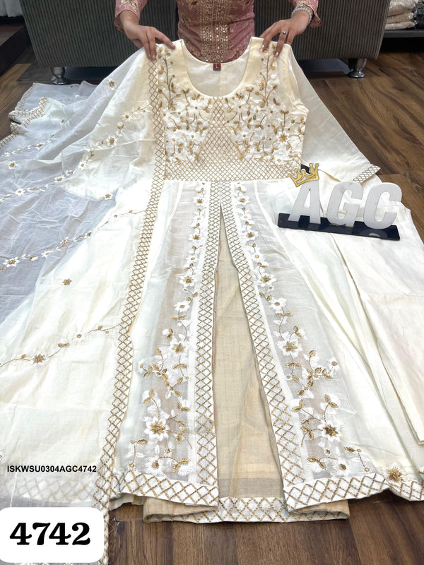 Embroidered Malmal Cotton Front Slit Kurti With Pant And Dupatta-ISKWSU0304AGC4742