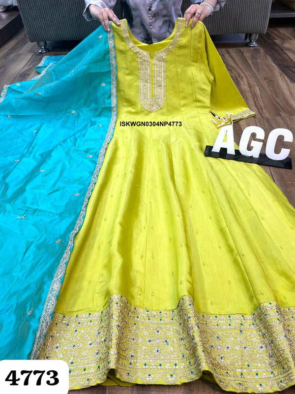 Embroidered Chanderi Silk Gown With Silk Dupatta-ISKWGN0304NP4773