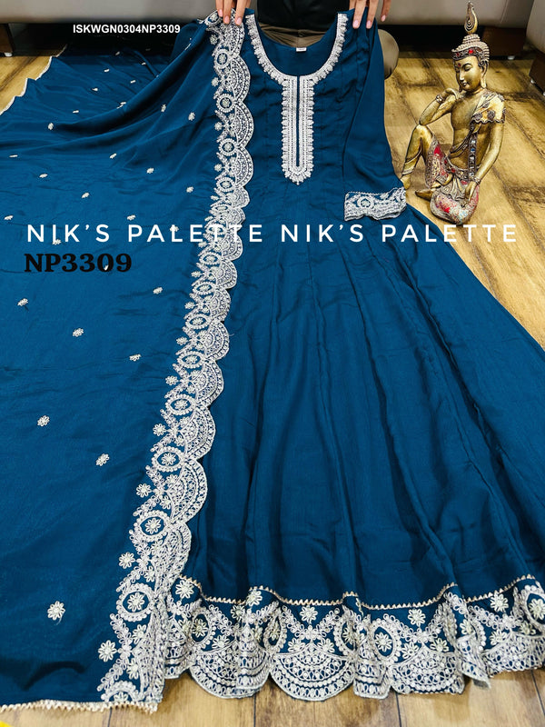 Embroidered Chinon Silk Gown With Dupatta-ISKWGN0304NP3309