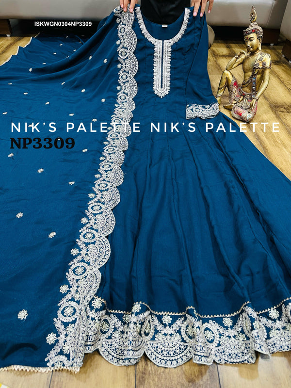 Embroidered Chinon Silk Gown With Dupatta-ISKWGN0304NP3309