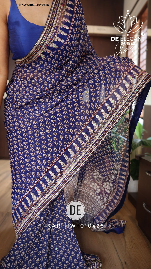 Printed Khadi Georgette Silk Saree With Blouse-ISKWSR0304010425