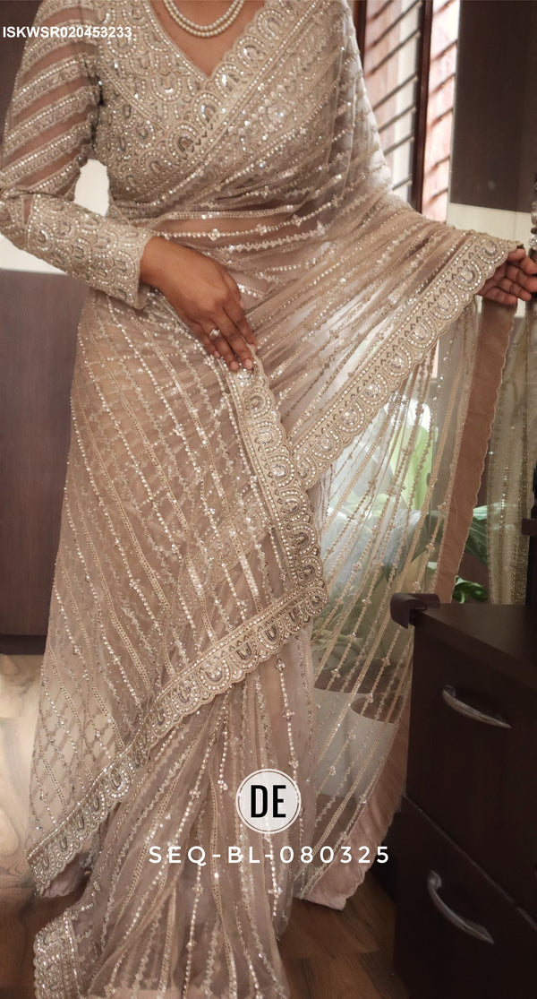 Embroidered Shimmer Net Saree With Ready To Wear Blouse-ISKWSR020453233