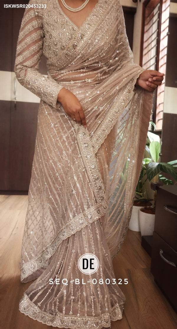 Embroidered Shimmer Net Saree With Ready To Wear Blouse-ISKWSR020453233