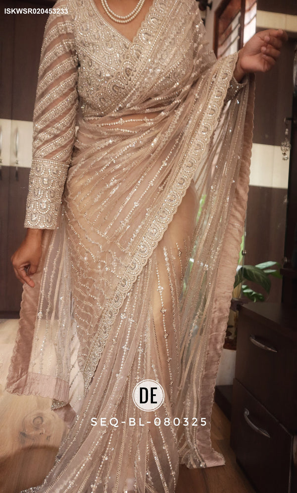Embroidered Shimmer Net Saree With Ready To Wear Blouse-ISKWSR020453233
