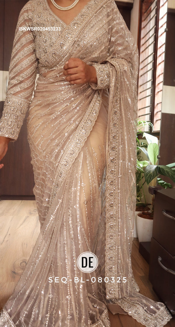 Embroidered Shimmer Net Saree With Ready To Wear Blouse-ISKWSR020453233