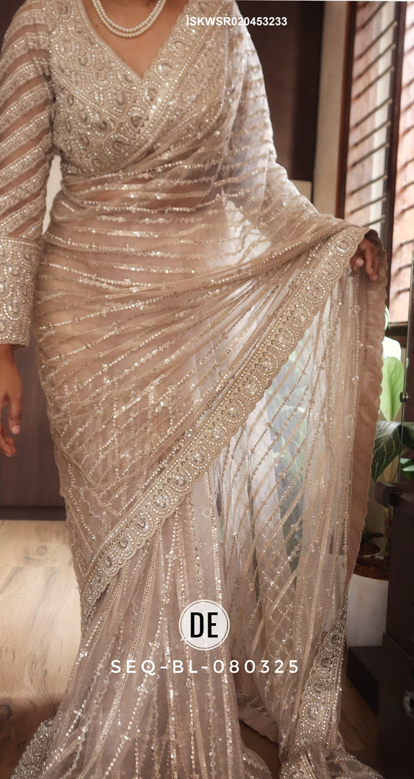 Embroidered Shimmer Net Saree With Ready To Wear Blouse-ISKWSR020453233