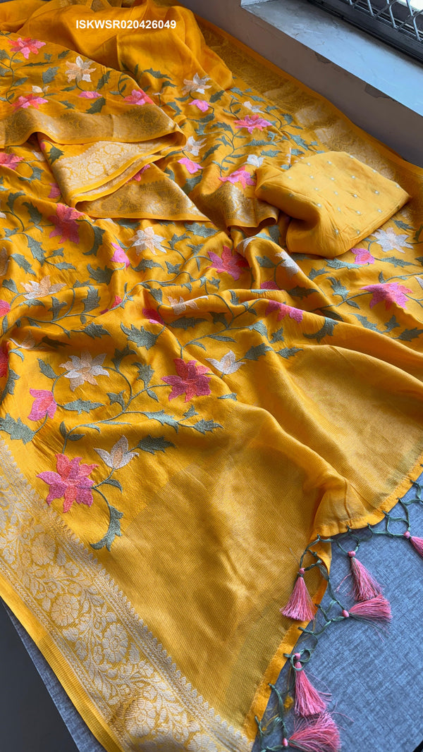 Embroidered Munga Silk Saree With Blouse-ISKWSR020426049