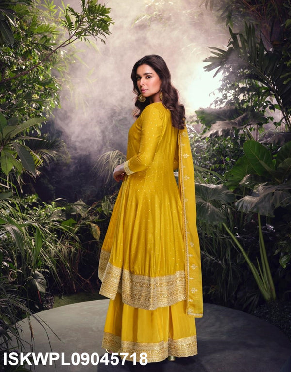 Embroidered Viscose Jacquard Silk Anarkali Kurti With Palazzo And Dupatta-ISKWPL09045718