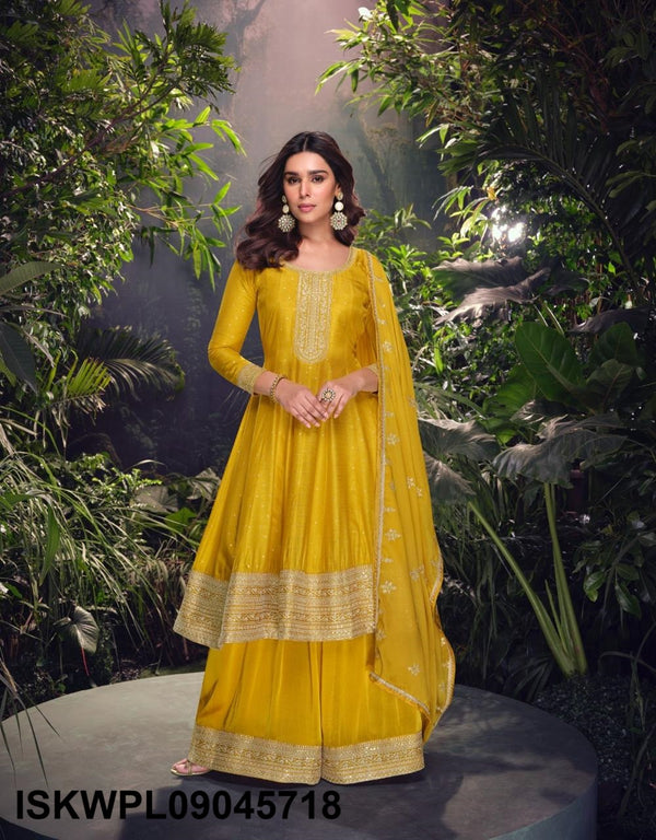 Embroidered Viscose Jacquard Silk Anarkali Kurti With Palazzo And Dupatta-ISKWPL09045718
