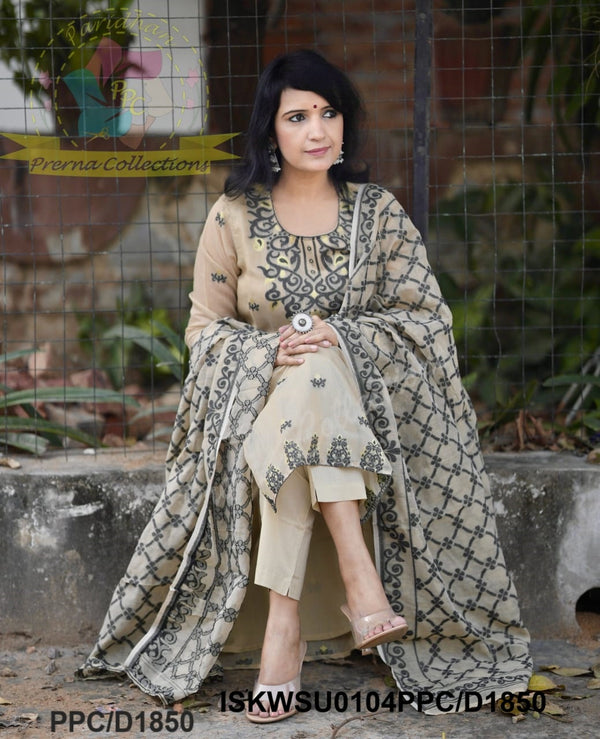 Hand Jamdani Weaved Cotton Kurti With Pant And Dupatta-ISKWSU0104PPC/D1850