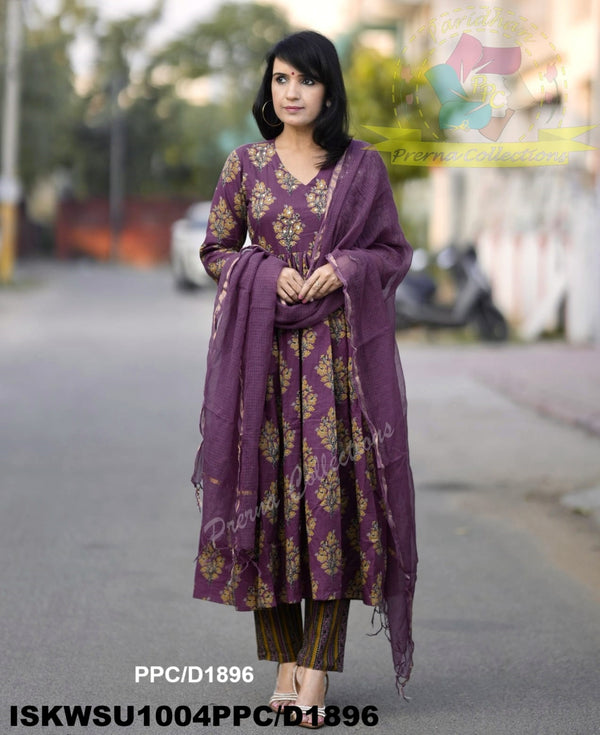 Ajrakh Printed Cotton Anarkali Kurti With Striped Pant And Kota Doriya Dupatta-ISKWSU1004PPC/D1896