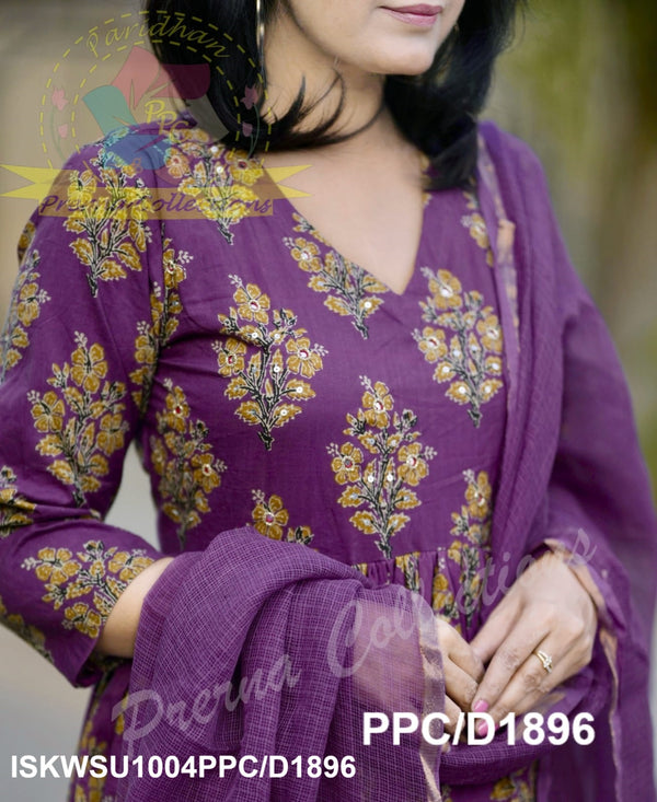 Ajrakh Printed Cotton Anarkali Kurti With Striped Pant And Kota Doriya Dupatta-ISKWSU1004PPC/D1896