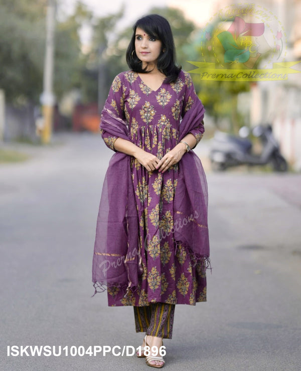 Ajrakh Printed Cotton Anarkali Kurti With Striped Pant And Kota Doriya Dupatta-ISKWSU1004PPC/D1896
