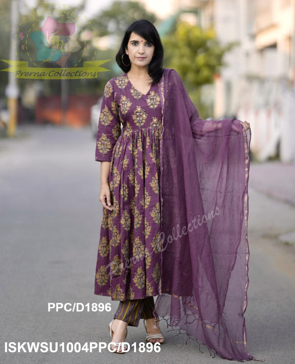Ajrakh Printed Cotton Anarkali Kurti With Striped Pant And Kota Doriya Dupatta-ISKWSU1004PPC/D1896