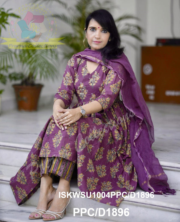 Ajrakh Printed Cotton Anarkali Kurti With Striped Pant And Kota Doriya Dupatta-ISKWSU1004PPC/D1896