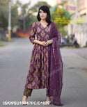 Ajrakh Printed Cotton Anarkali Kurti With Striped Pant And Kota Doriya Dupatta-ISKWSU1004PPC/D1896