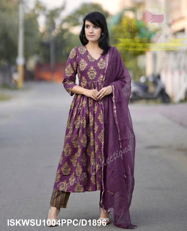 Ajrakh Printed Cotton Anarkali Kurti With Striped Pant And Kota Doriya Dupatta-ISKWSU1004PPC/D1896