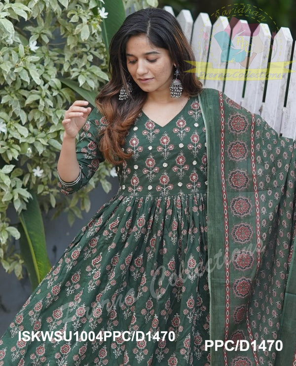 Ajrakh Printed Cotton Anarkali Kurti With Pant And Malmal Cotton Dupatta-ISKWSU1004PPC/D1470