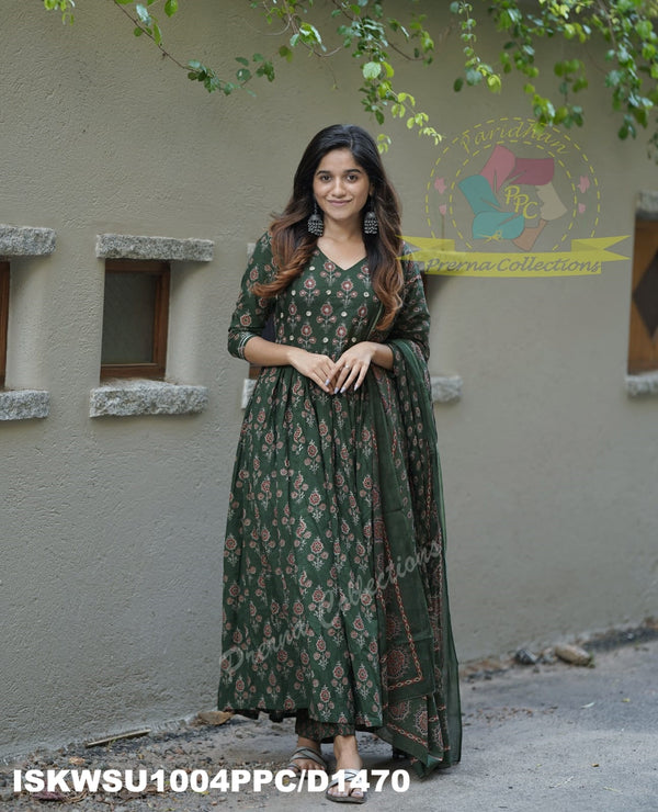 Ajrakh Printed Cotton Anarkali Kurti With Pant And Malmal Cotton Dupatta-ISKWSU1004PPC/D1470